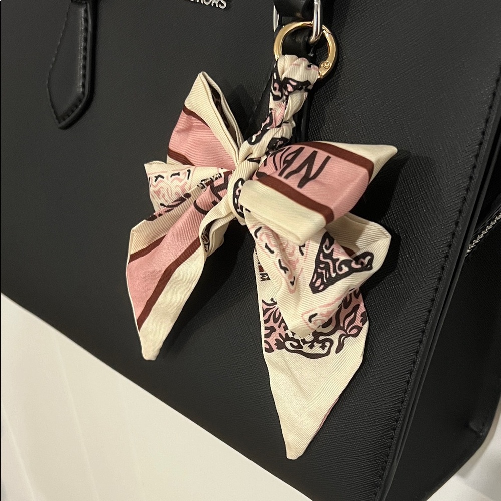 Inspired Cream, Pink and Brown Scarf Bow Bag Charm with O Ring Clip - Picture 3 of 5
